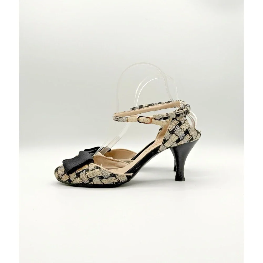 Chanel S/S 2005 Blue & White Tweed Heels w/ Black Bow Accent Vintage EU 36.5